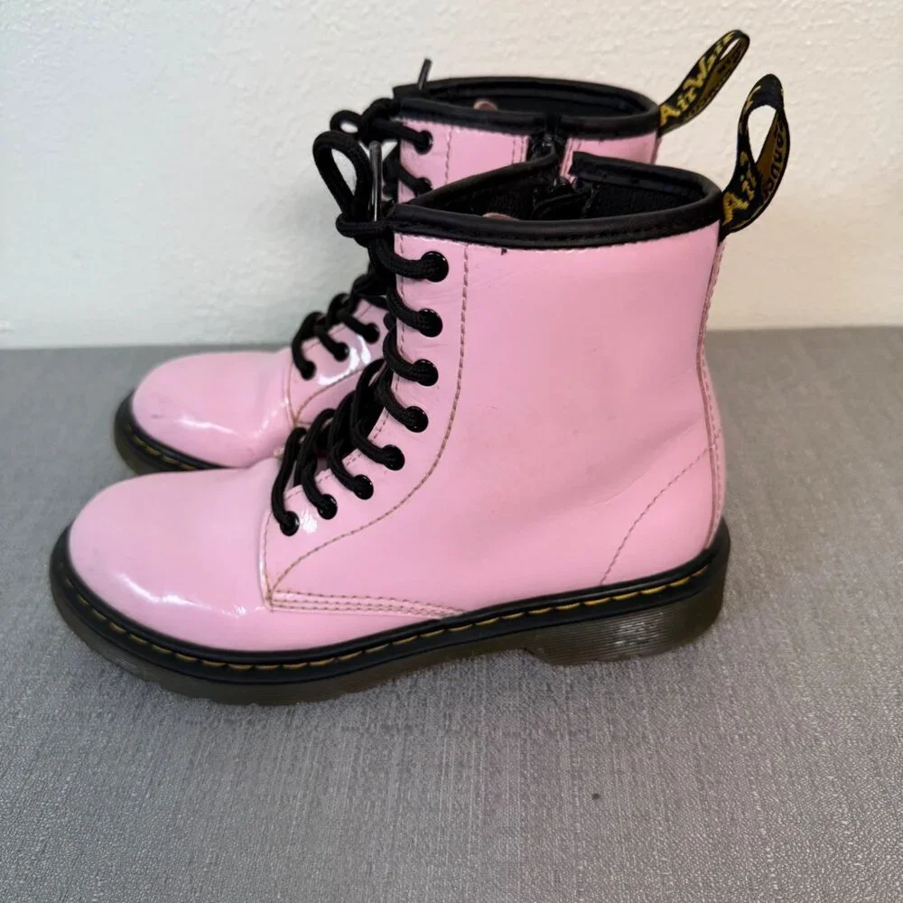 Dr. Martens 1460 J Pale Pink Patent Leather Lace Up Side Zip Boots Girls 3